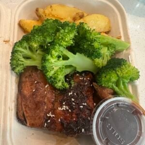 Teriyaki Salmon over steamed rice and broccoli